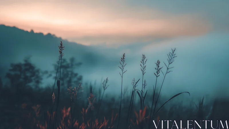 Backlit meadow grasses intersect misty valley at cool dawn