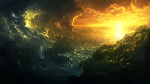 Sunlit ocean horizon with storm clouds and coastal forest.