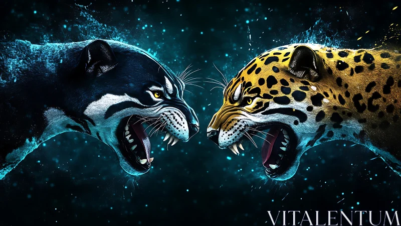 Two Fierce Big Cats Face Off in Glowing Particle Clash