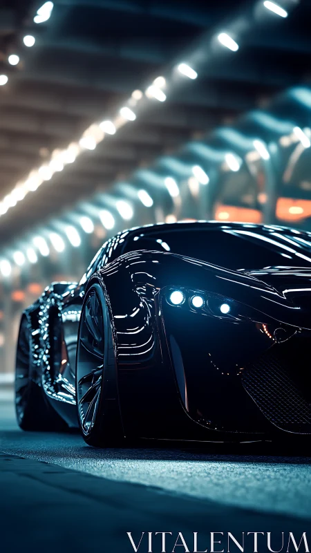 Futuristic black sports car under tunnel lights at night.