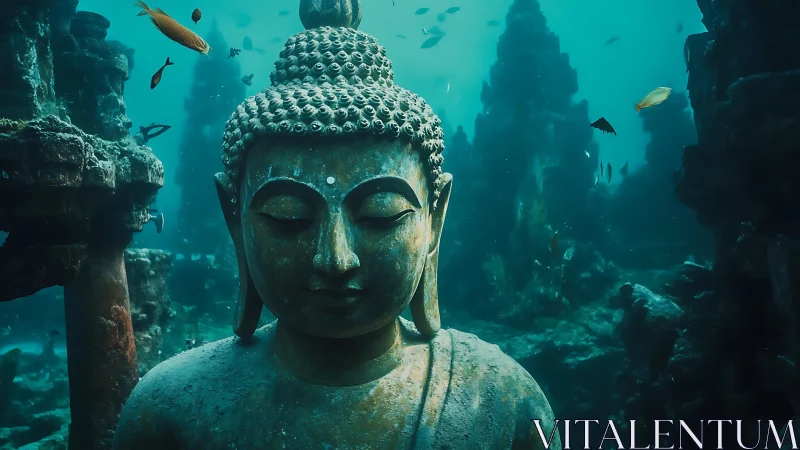 Submerged Buddha statue amid teal ruins and drifting fish.