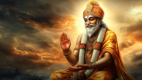 Radiant sage in golden robes blessing under stormy sky.