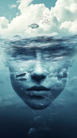 Oceanic dreamscape portrait with cloud-laden human visage.