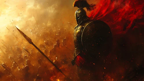 Lone armored warrior holding the line in a blazing battle.