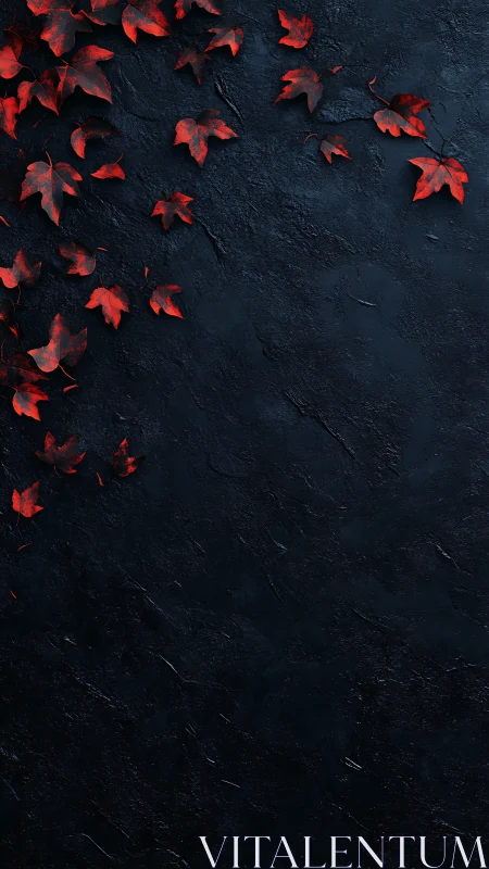 Scarlet maple leaves rest on textured dark stone ground