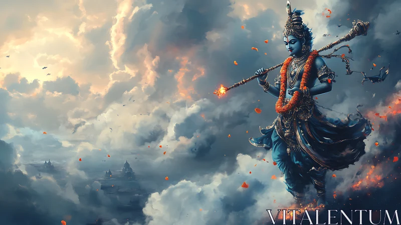 Blue-skinned deity strides through storm clouds with staff