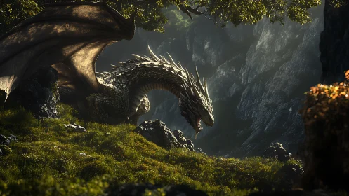 Armored dragon in volumetric forest light studies terrain contrast