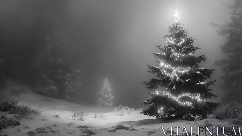 Luminous conifer with LED garlands in fog-dense winter forest.