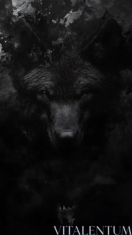 Midnight wolf emerging softly from swirling shadows.