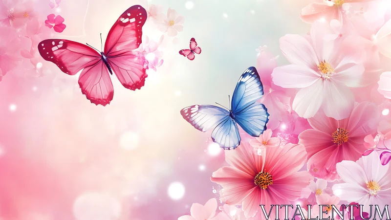 Butterflies trade secrets with pastel cosmos blooms in air