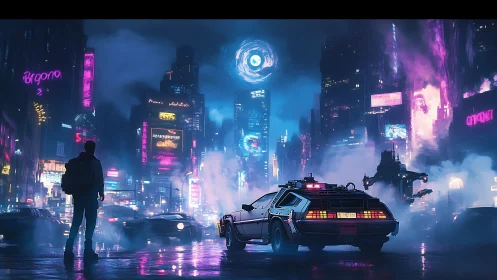 Futuristic street scene with time car and city skyline.