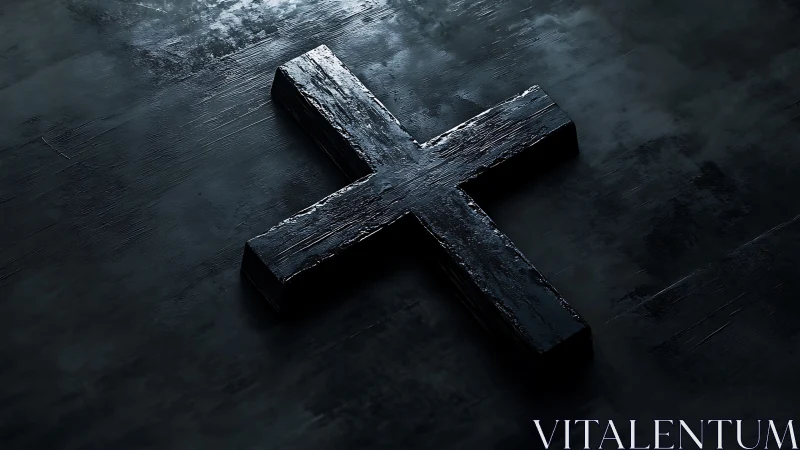 Black wooden cross on dark textured reflective surface.