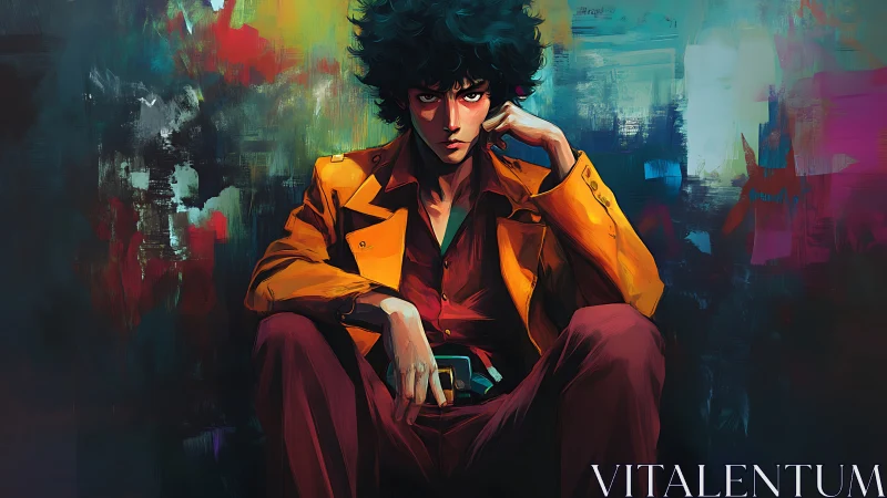 Moody anime drifter slouches amid neon-smeared colors