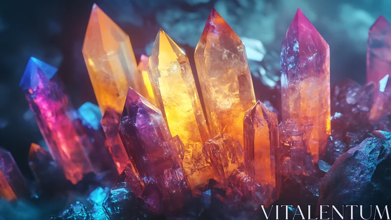 Multi-colored crystalline mineral cluster in dark setting.