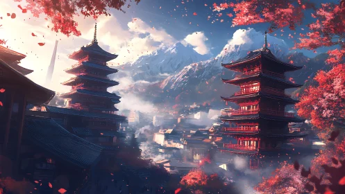 Tiered pagodas stand before distant snow-covered mountains