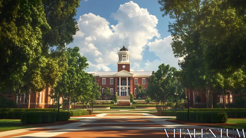Red-brick campus hall rises beyond sunlit tree-lined quad.