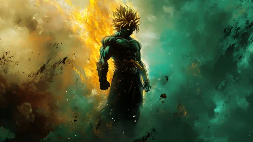 Powerful warrior silhouette in glowing storm aura.