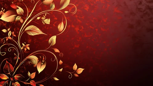 Gold floral vine on deep red textured gradient background.