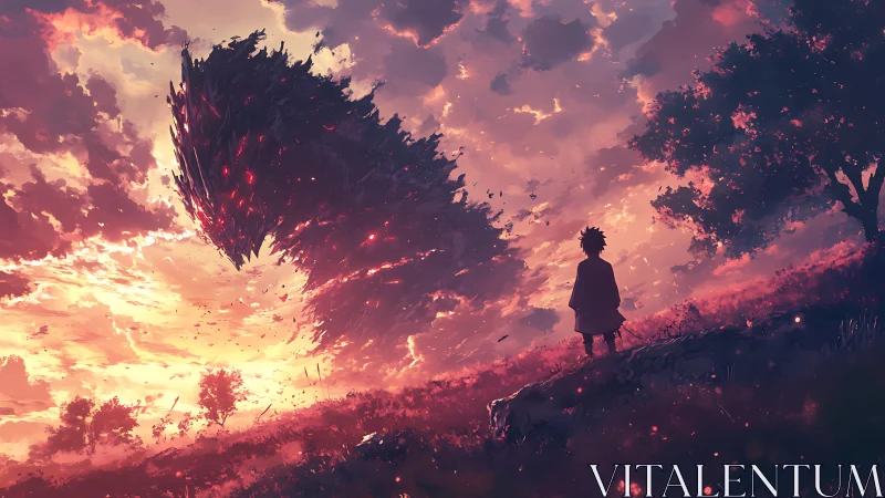 Boy observes massive floating dark structure over sunset field