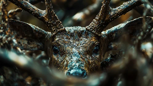 Deer’s intense eyes emerge from textured forest camouflage