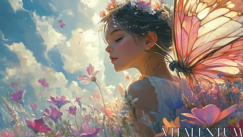 Girl with butterfly wings in bright flower meadow scene.