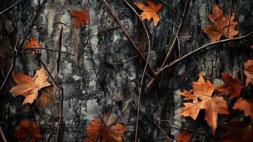 Dry maple leaves and thin branches on dark textured ground.