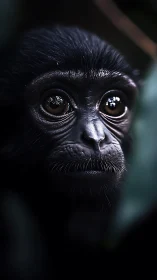 Close-up portrait of young primate in low light setting.