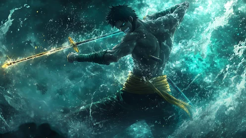 Storm-lashed swordsman cleaves glowing tide in wild fury.