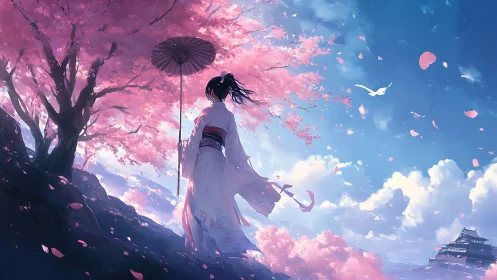 Sakura hillside with kimono figure in dynamic atmospheric perspective.