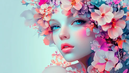 Bloom-drenched dream muse with neon-kissed petal crown.