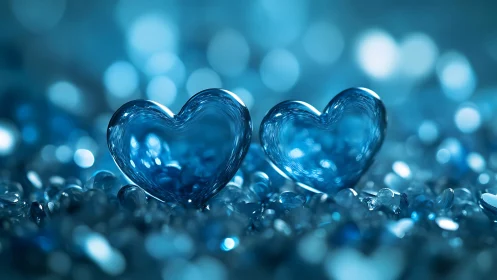 Glass Hearts in Crystalline Blue Bokeh Environment.