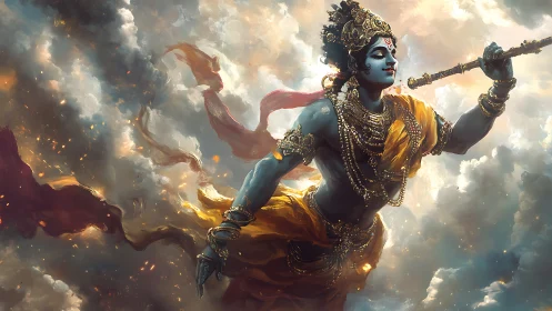 Dynamic celestial figure in golden drapery amid volumetric clouds