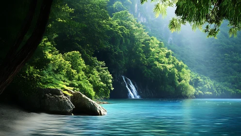 Sunlit tropical cove with waterfall, volumetric haze and caustics