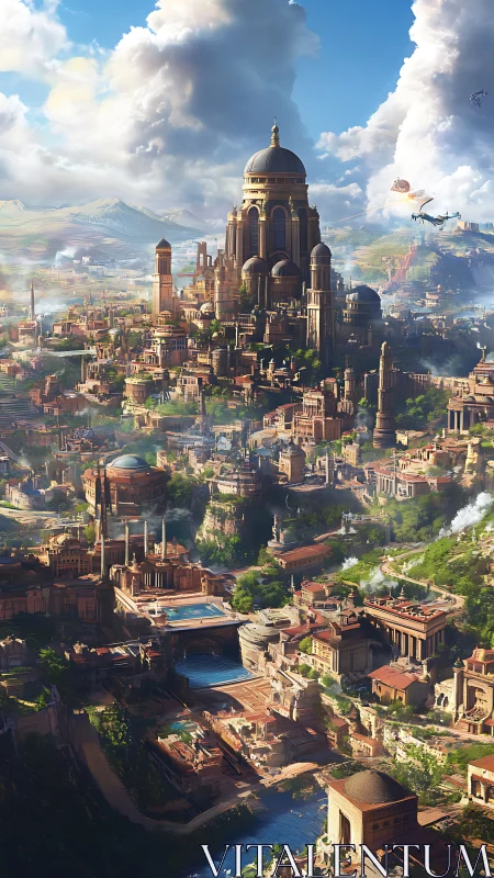 Sunlit fantasy capital rises above cascading river terraces