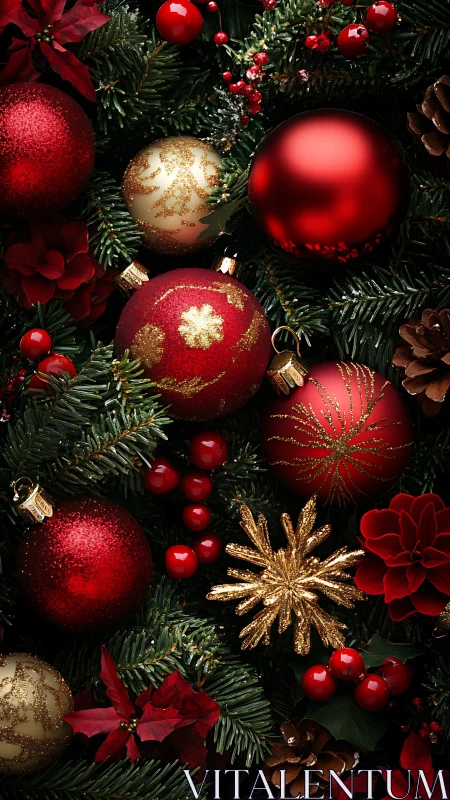 Glowing red ornaments rest in a lush Christmas wreath