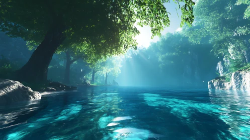 Sunlit forest lagoon with glowing turquoise water and calm air.