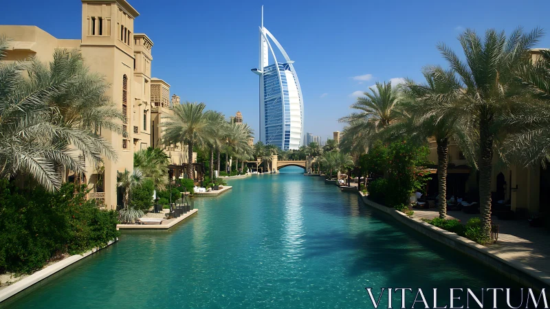 Waterway runs between palms and low-rise buildings in city