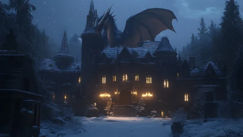 Dragon above snowbound gothic castle at winter night.