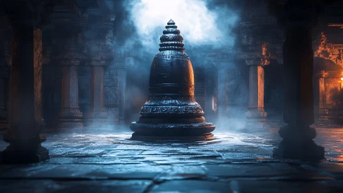 Volumetric-lit stone shrine in mist-laden temple interior.