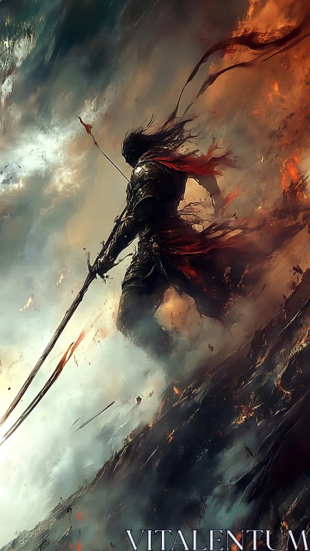 Lone dark warrior strides through firelit stormed battlefield