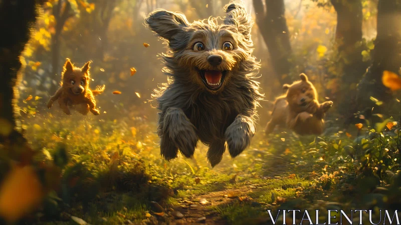 Three stylized dogs running along a forest path at dawn.