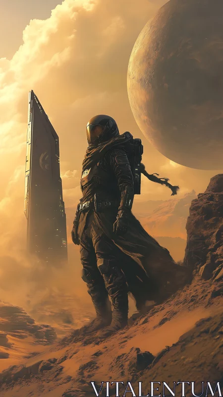 Armored astronaut surveys windswept desert moon with monolithic portal