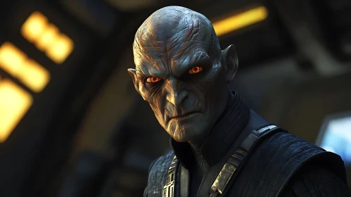 Stoic alien commander with glowing eyes in starship glow.