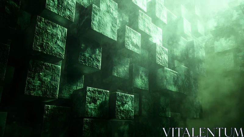 Green Textured Cubes Floating in Abstract Digital Mist.