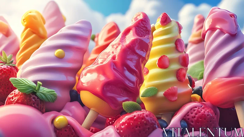 Composite confectionery arrangement with fruit garnishes.