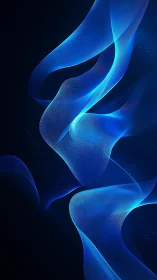 Digital painting of luminous blue ribbon waves on dark field.