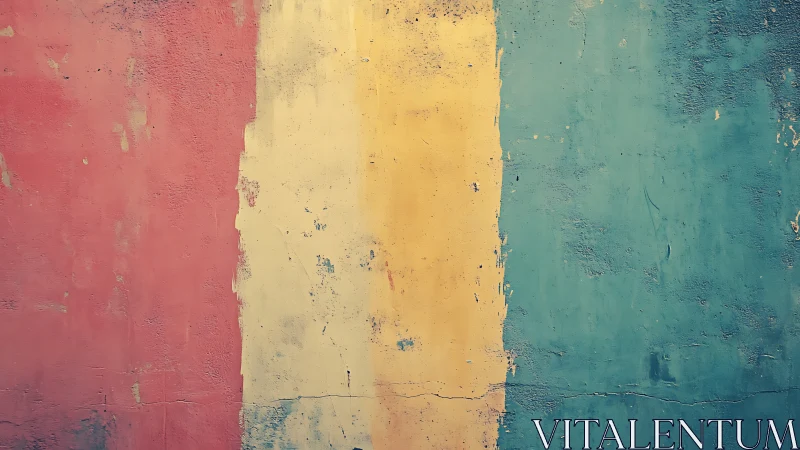 Tricolor weathered plaster wall with vertical pigment bands.