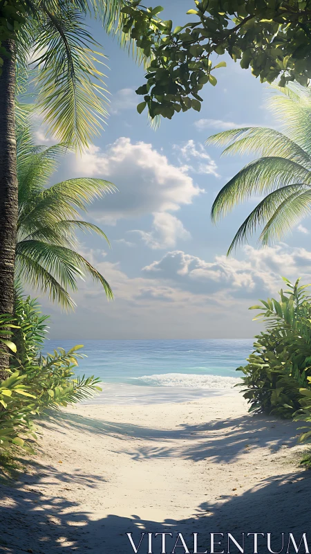 Tropical Beach View Through Palm Fronds with Clear Sky