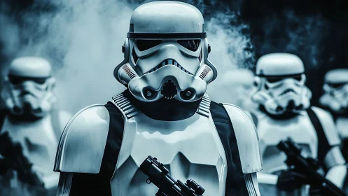 Armored infantry squad in cinematic vapor-suffused formation.