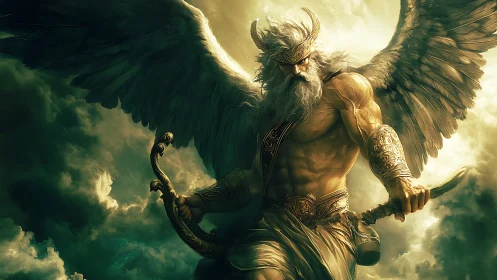Winged war god emerges from stormlit celestial clouds.